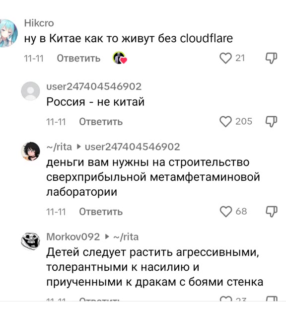 5) ну в Китае как то живут без Cloudflare Россия - не китай деньги вам нужны на строительство сверхприбыльной метамфетаминовой лаборатории 11-11 Ответить Qos Cp 11-И Ответить Vos Cp Детей следует раст