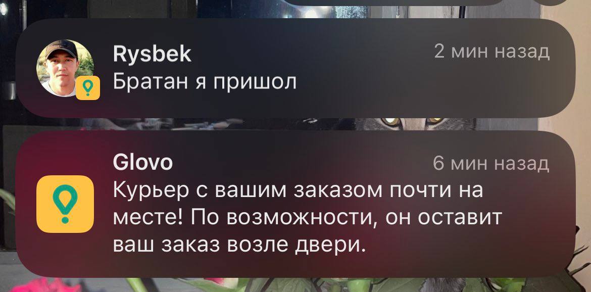 2 мин назад Rysbek Братан я пришол 1 Glovo С мин назад Курьер с вашим заказом почти на месте! По возможности, он оставит ваш заказ возле двери.
