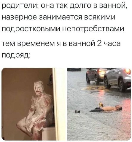 родители: она так долго в ванной, наверное занимается всякими подростковыми непотребствами тем временем я в ванной 2 часа подряд: 1$
