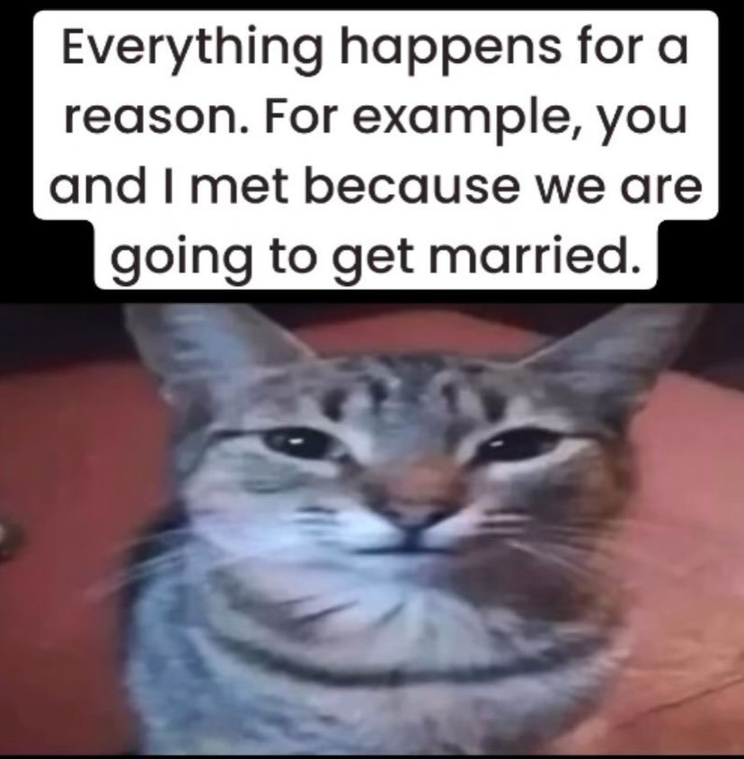 Everything happens for a reason. For example, you and met because we are going to get married.