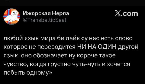 Х.сот Ижорская Нерпа @TransbalticSeal любой язык мира лайк «у нас есть слово которое не переводится НИ НА ОДИН другой язык, оно обозначает ну короче такое чувство, когда грустно чуть-чуть и хочется по