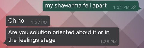 shawarma fell apart 1:31 Are you solution oriented about It or in the feelings stage 1:38 №4