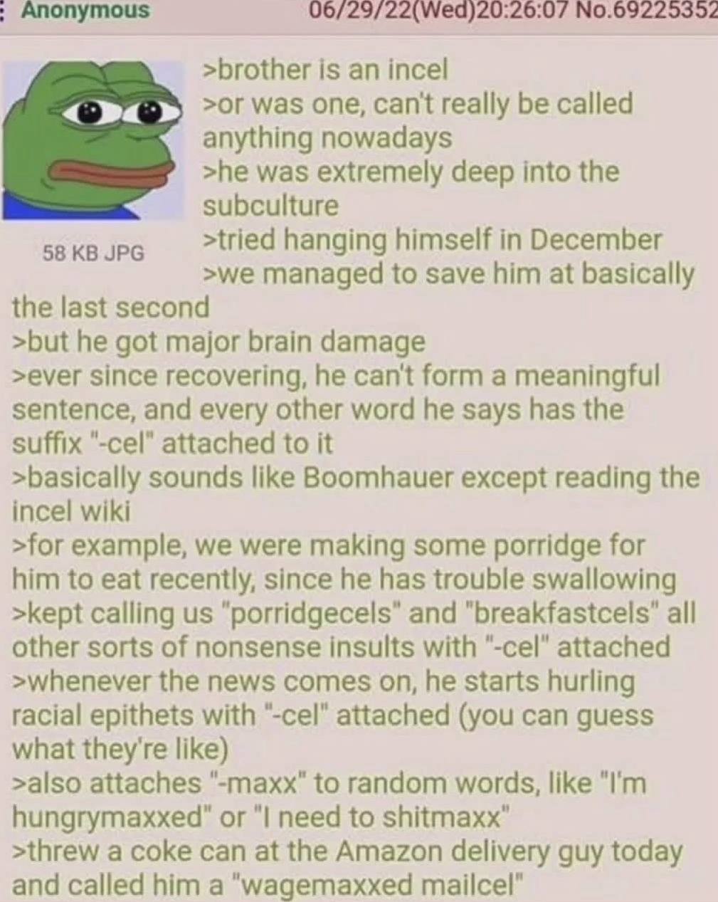 Anonymous 06/29/22(Wed)20:26:07 №.69225352 >brother is incel >or was one, Can't really be called anything nowadays >he was extremely deep into the subculture 58 JPG >tried hanging himself in December 