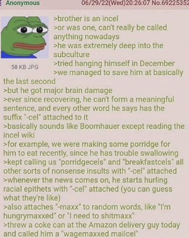 Anonymous 06/29/22(Wed)20:26:07 №.69225352 >brother is incel >or was one, Can't really be called anything nowadays >he was extremely deep into the subculture 58 JPG >tried hanging himself in December 