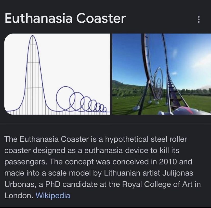 Euthanasia Coaster The Euthanasia Coaster is а hypothetical steel roller coaster designed as a euthanasia device to kill its passengers. The concept was conceived in 2010 and made into a scale model L