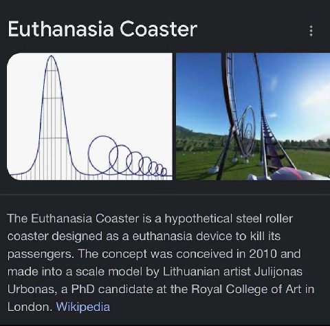 Euthanasia Coaster The Euthanasia Coaster is а hypothetical steel roller coaster designed as a euthanasia device to kill its passengers. The concept was conceived in 2010 and made into a scale model L