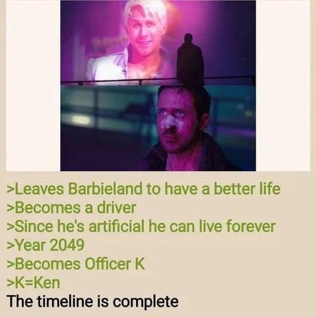 >Leaves Barbieland to have a better life >Becomes a driver >Since he's artificial he can live forever >Year 2049 >Becomes Officer >K=Ken The timeline is complete