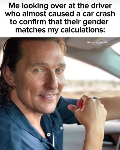 Me looking over at the driver who almost caused a car crash to confirm that their gender matches my calculations: @crunchygremlin