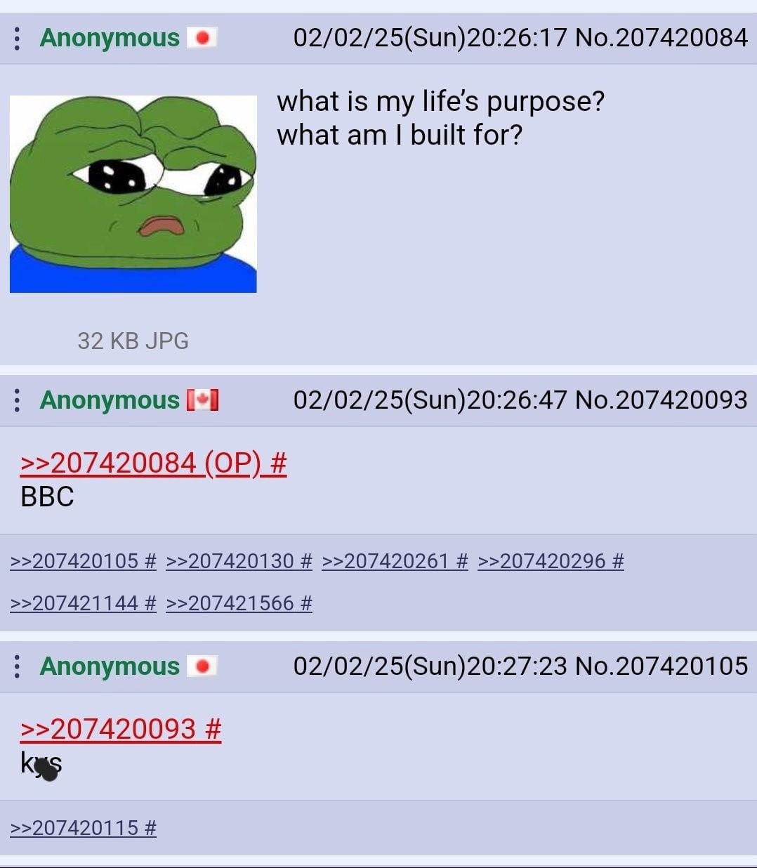 Anonymous 02/02/25(Sun)20:26:17 №.207420084 what is my Ше’з purpose? what built for? 32 JPG Anonymous 02/02/25(Sun)20:26:47 No.207420093 >>207420084 BBC >>207420105 >>207420130 >>207420261 >>207420296