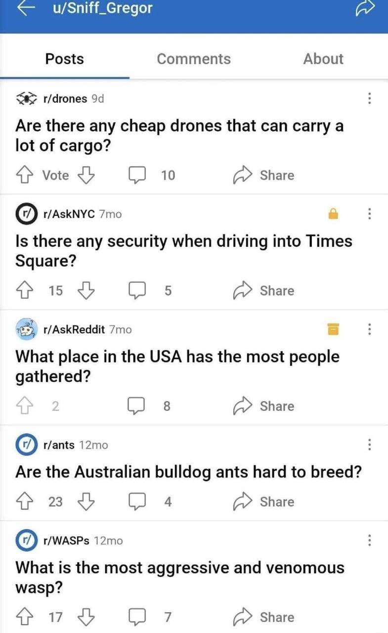 Posts Comments About r/drones Are there any cheap drones that can carry a lot of cargo? 4} Vote (2 10 Share г/АЗКМУС Is there any security when driving into Times Square? 5 a Share What place in the U