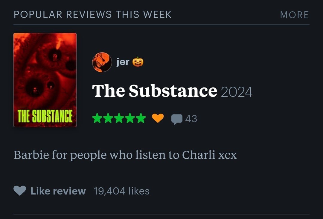 POPULAR REVIEWS THIS WEEK MORE jer The Substance 2024 KKKKK Barbie for people who listen to Charli xcx Likereview 19,404 likes
