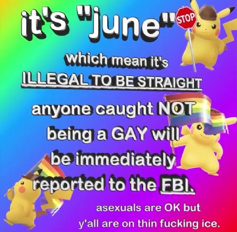 Which mean it's ILLEGAL TO BE STRAIGHT anyone caught being а САУ willf immediately reported to the FBI. у asexuals are but y'all are on thin fucking ice.