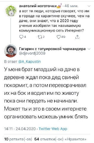 анатолий 4% 46 мин. a вот люди, которые говорят, что в городе карантине скучнее, чем на даче, они знают, что в 2020 году ученые изобрели так называемую коммуникационную сеть Интернет? 89 Гагарин с тат