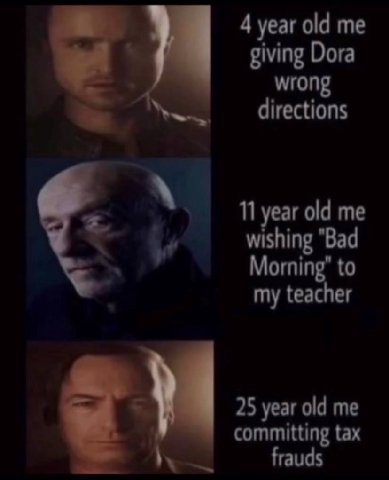 4 year old me giving Dora wrong directions old me wishing "Вад Morning” to my teacher 25 year old me committing tax frauds