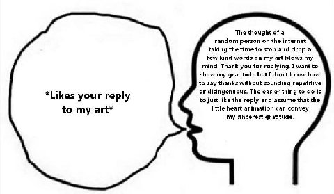 The thought of a random person on the internet taking the time to stop and drop a few kind words on my art blows my mind. Thank you for replying. I want to show my gratitude butI don't know how to say