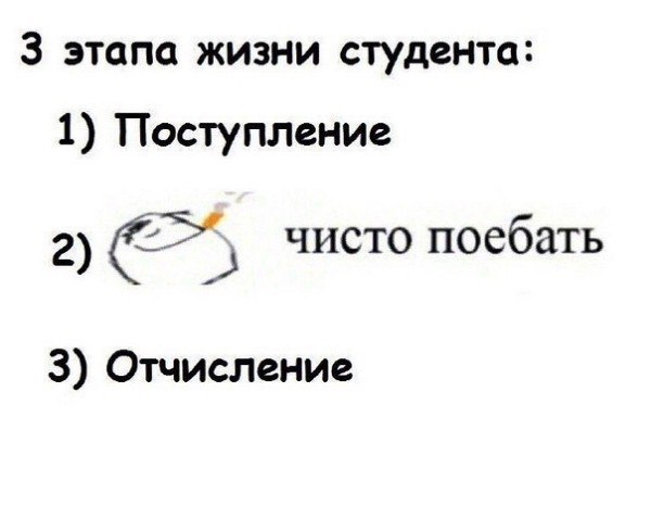 3 этапа жизни студента: 1) Поступление 2) чисто поебать 3) Отчисление
