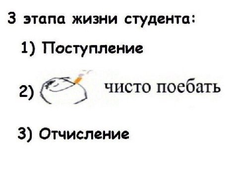 3 этапа жизни студента: 1) Поступление 2) чисто поебать 3) Отчисление
