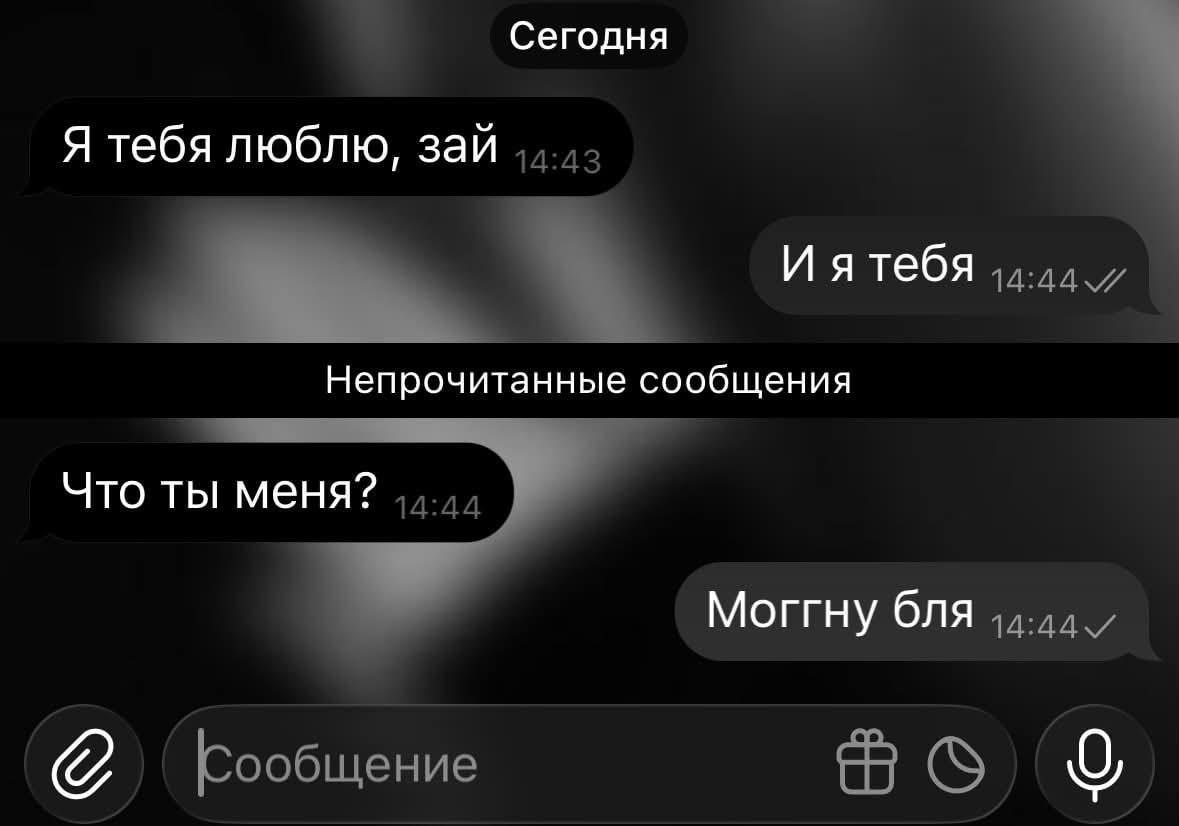 Сегодня Я тебя люблю, зай Непрочитанные сообщения Что ты меня? Моггну бля Сообщение о