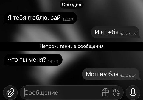 Сегодня Я тебя люблю, зай Непрочитанные сообщения Что ты меня? Моггну бля Сообщение о