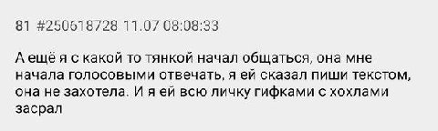 81 #250618728 11.07 08:08:33 A ещёя с какой то тянкой начал общаться, она мне начала голосовыми отвечать, я сказал пиши текстом, она не захотела. И яей всю личку гифками с хохлами засрал