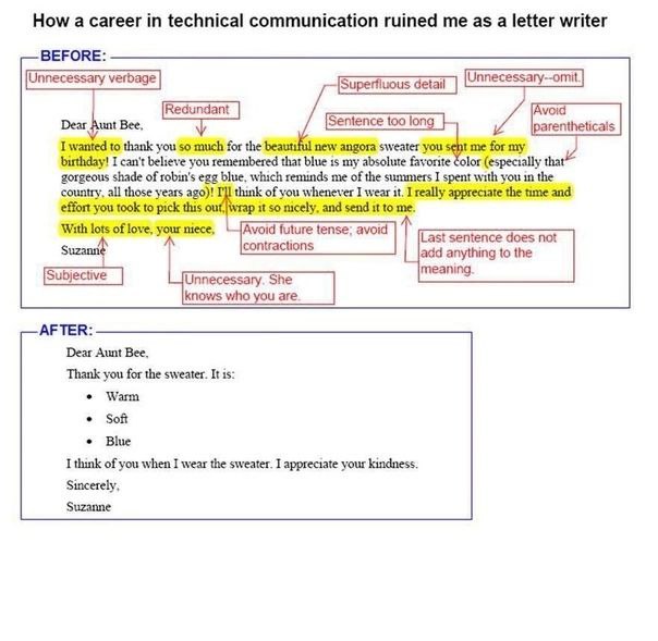 How а career technical communication ruined me as a letter writer BEFORE: [Avoid I wanted to thank you so much for the new angora sweater you birthday! I can't believe you remembered that blue 15 my a