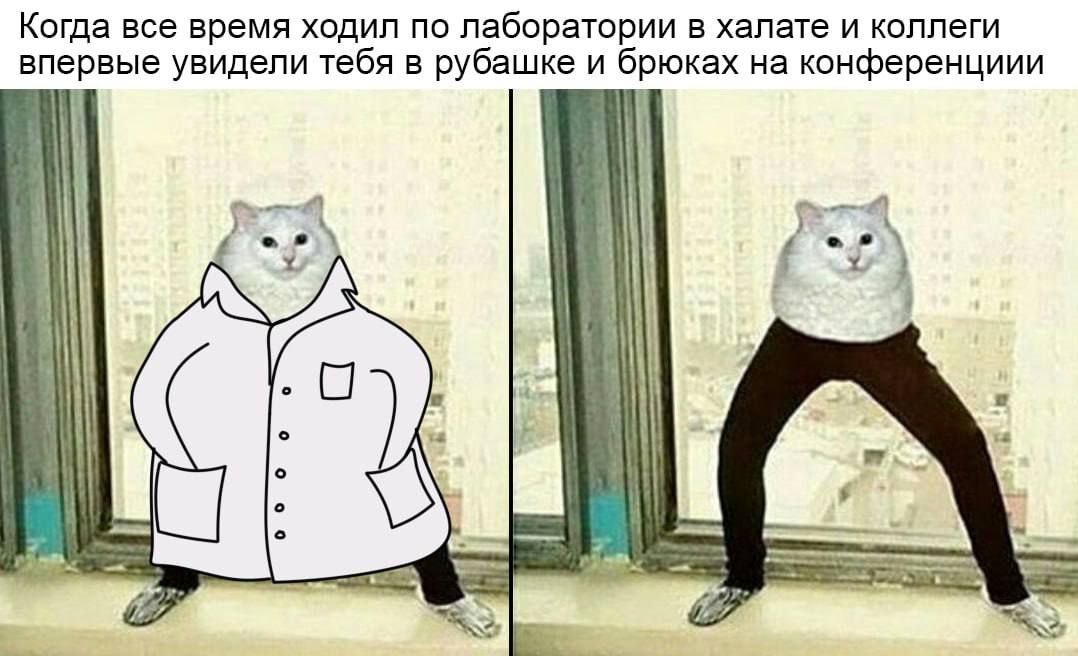 Когда все время ходил по лаборатории В халате и коллеги впервые увидели тебя в рубашке и брюках на конференциии i} as У О ‘4 7