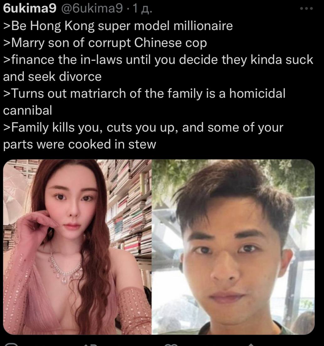 биКипа9 >Be Hong Kong super model millionaire >Marry son of corrupt Chinese cop >finance the in-laws until you decide they kinda suck and seek divorce >Turns out matriarch of the family is a homicidal