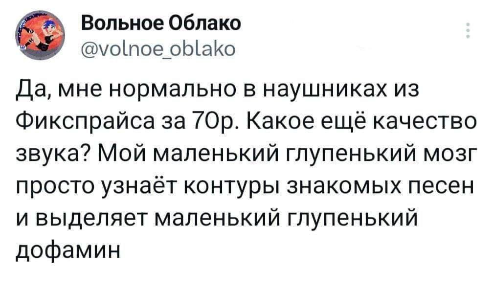 Вольное Облако @volnoe oblako Да, мне нормально в наушниках из Фикспрайса за Какое ещё качество звука? Мой маленький глупенький мозг просто узнает контуры знакомых песен и выделяет маленький глупеньки