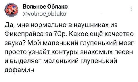 Вольное Облако @volnoe oblako Да, мне нормально в наушниках из Фикспрайса за Какое ещё качество звука? Мой маленький глупенький мозг просто узнает контуры знакомых песен и выделяет маленький глупеньки