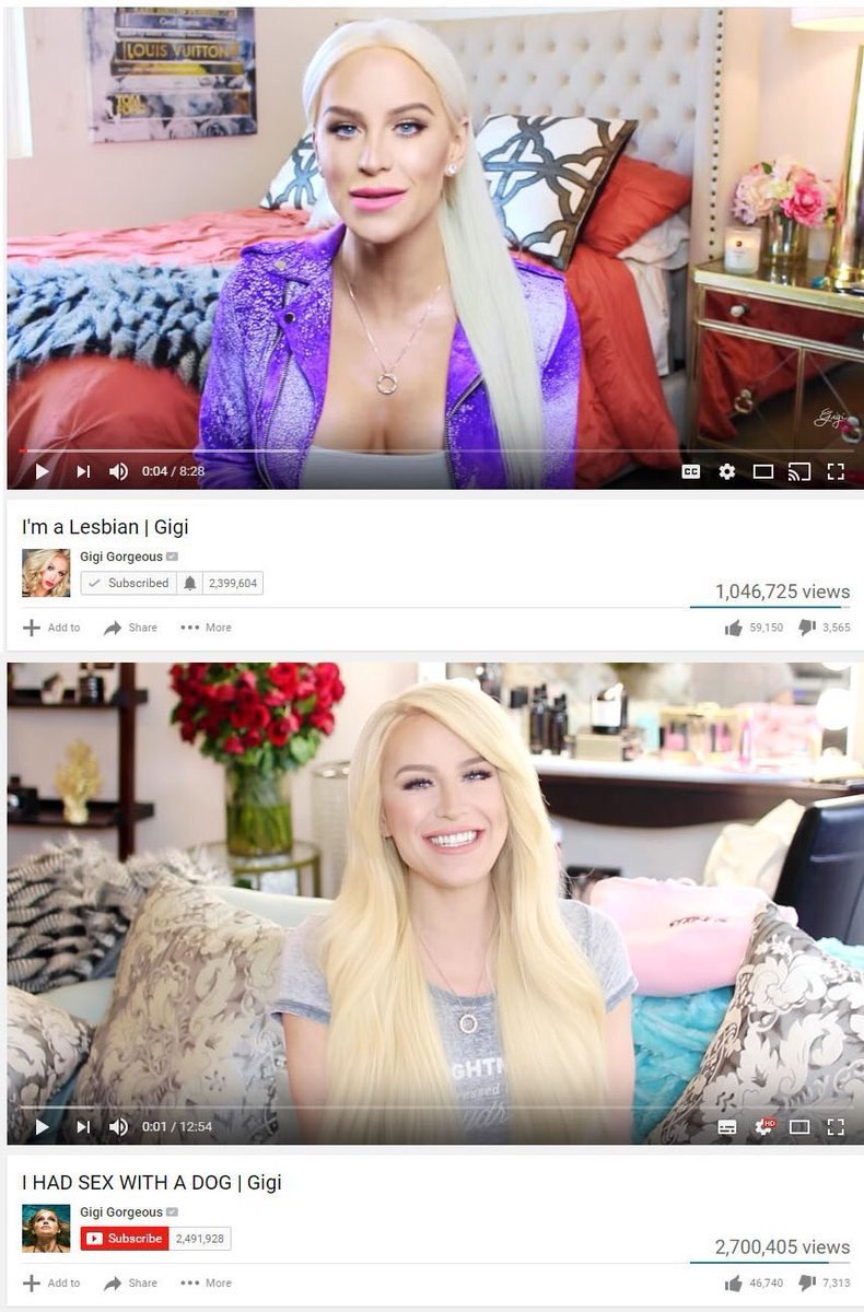 4 у 7, к 4 о 4) 0 a Lesbian Gigi Gigi Gorgeous 1,046,725 views Чао More 16 59150 3555 2 I Pes) у 7 в; yer Я why к у 0:01/12:54 HAD SEX WITH A DOG Gigi Gigi Gorgeous 2,700,405 views Addt a> Shar eee 1@