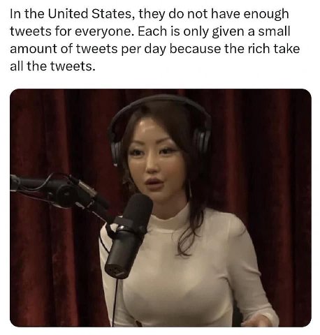 In the United States, they not have enough tweets for everyone. Each is only given a small amount of tweets per day because the rich take all the tweets.