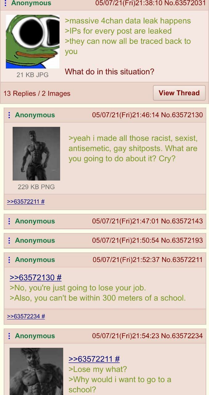 Anonymous No.63572031 >massive 4chan data leak happens >IPs for every post are leaked >they can now all be traced back to you 21 JPG What in this situation? 13 Replies 2 Images View Thread Anonymous 0