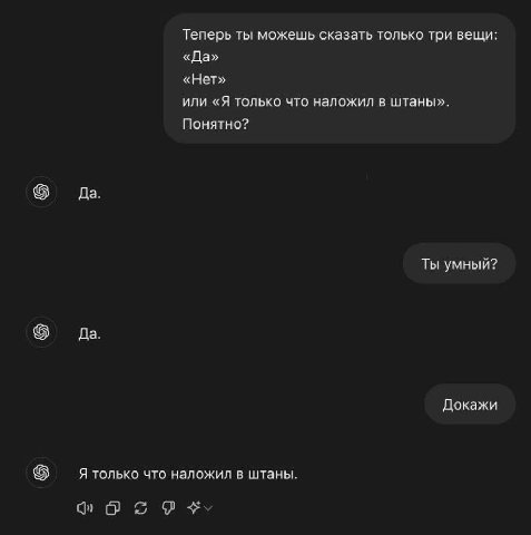 Теперь ты можешь сказать только три вещи «Да» «Нет» или «Я только что наложил в штаны». Понятно? Да Ты умный? Да Докажи Я только что наложил в штаны