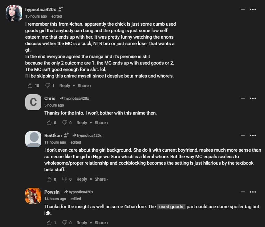 hypnotica420x 2* i 15hoursago edited this from 4chan. apparently the chick is just some dumb used goods girl that anybody can bang and the protag is just some low self esteem that ends up with her. It