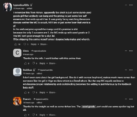 hypnotica420x 2* i 15hoursago edited this from 4chan. apparently the chick is just some dumb used goods girl that anybody can bang and the protag is just some low self esteem that ends up with her. It