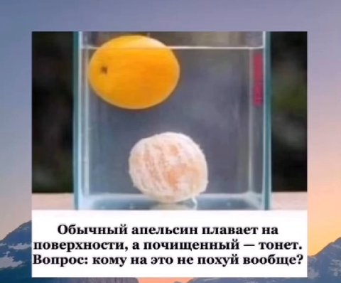 Обычный апельсин плавает на поверхности, а почищенный тонет. Вопрос: кому на это не похуй вообще?
