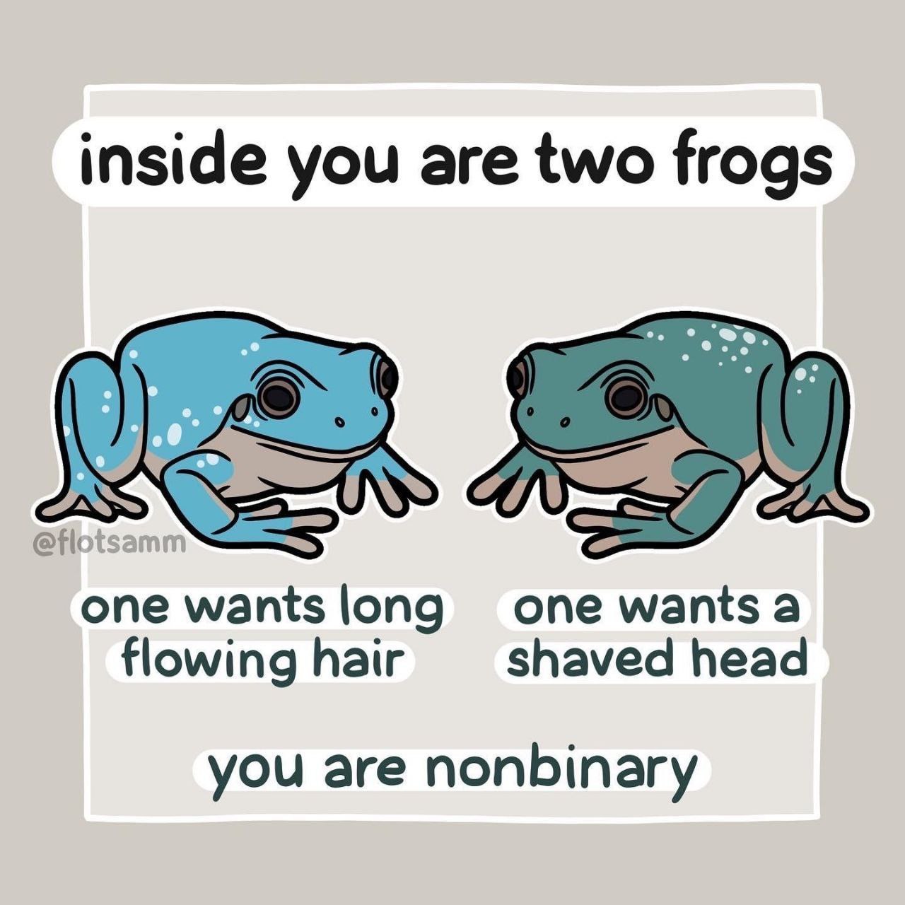 inside you are two frogs one wants long one wants a flowing hair shaved head you are nonbinary