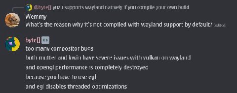 the reason why it's not compiled with wayland support default? too Many compositor bugs both mutter and kwin have severe issues with уиКап on wayland and opengl performance is completely destroyed bec