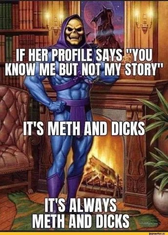 IF HER PROFILE SAYS KNOW BUT НОТ MY STORY" IT'S METH AND DICKS IT'S ALWAYS METH AND DICKS