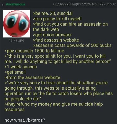 06/09/22(Thu)01:52:26 No.879784602 >be me, 28, suicidal >too pussy to kill myself >find out you can hire an assassin on the dark web >get onion browser 15 JPG >find assassin website >assassin costs up