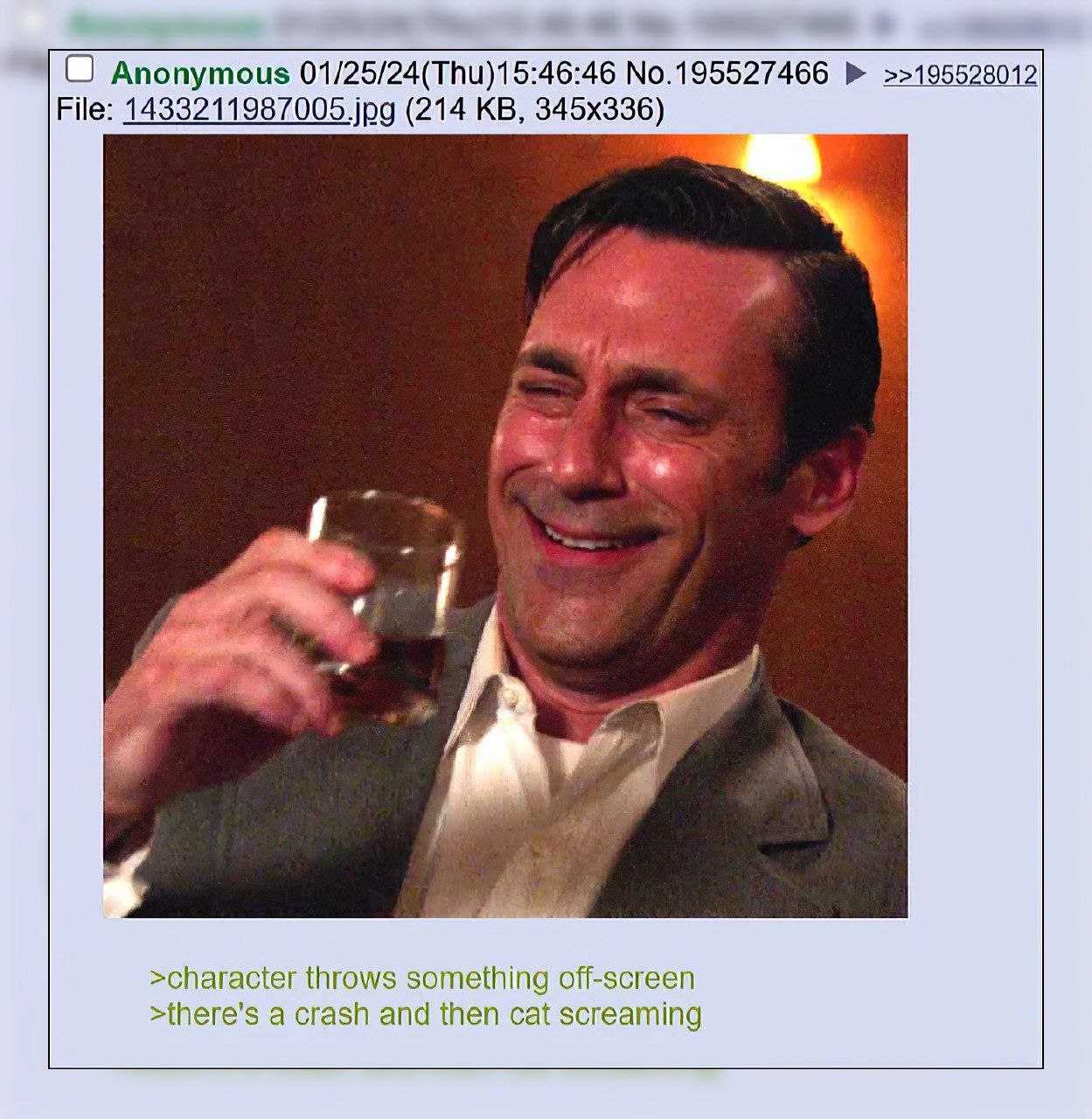 О Anonymous 01/25/24(Thu)15:46:46 No.195527466 >>195528012 File: 1433211987005 jpg (214 >character throws something off-screen >there’s а crash and then cat screaming