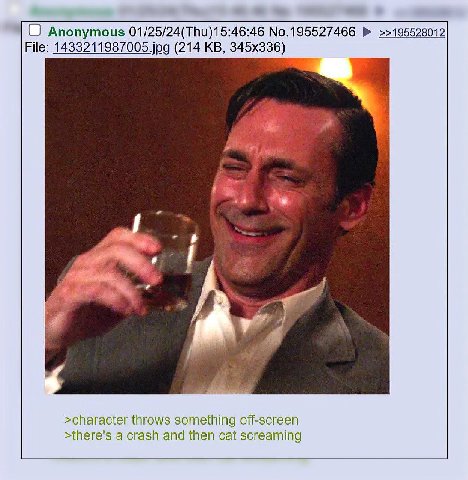О Anonymous 01/25/24(Thu)15:46:46 No.195527466 >>195528012 File: 1433211987005 jpg (214 >character throws something off-screen >there’s а crash and then cat screaming