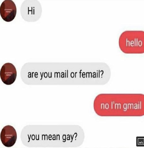 are you mail or femail? you mean gay?