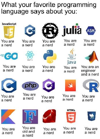 What your favorite programming language says about you: JavaScript 8 julia You are You are You are You are You are anerd anerd anerd а nerd a nerd о React Java You are You are You are You a nerd a ner
