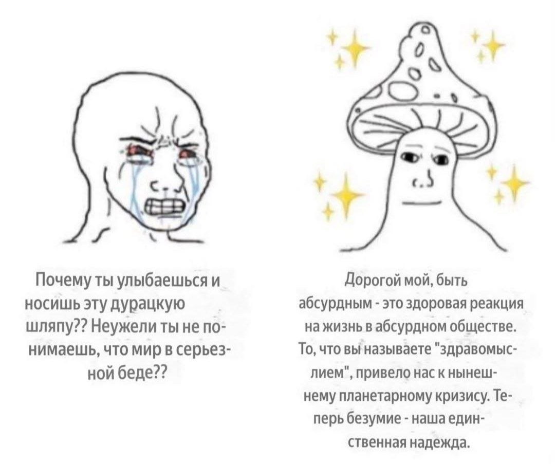 с. Почему ты улыбаешься и Дорогой мой, быть носишь эту дурацкую абсурдным это здоровая реакция шляпу?? Неужели ты не по- на жизнь в абсурдном обществе. нимаешь, что мир в серьез- То, что выназываете "