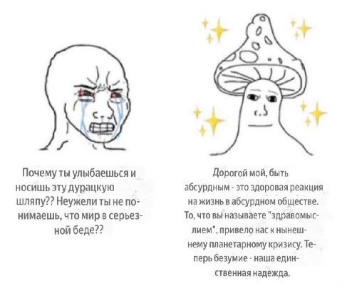 с. Почему ты улыбаешься и Дорогой мой, быть носишь эту дурацкую абсурдным это здоровая реакция шляпу?? Неужели ты не по- на жизнь в абсурдном обществе. нимаешь, что мир в серьез- То, что выназываете "