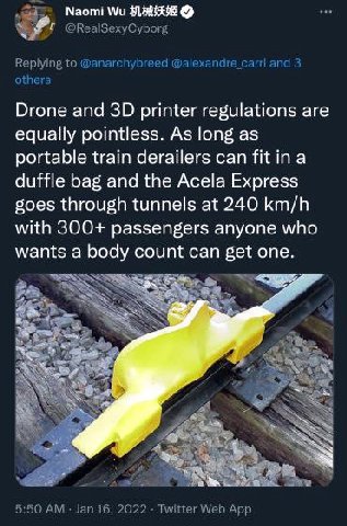 Naomi Drone and printer regulations are equally pointless. As long as portable train derailers can fit ina duffle bag and the Acela Express goes through tunnels at 240 km/h with 300+ passengers anyone