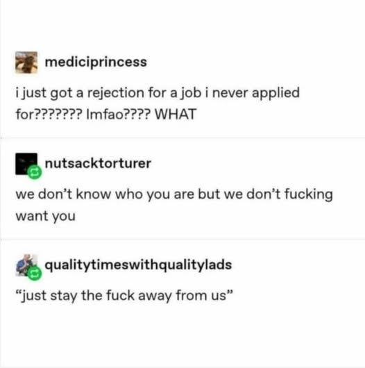 mediciprincess i just got a rejection for a job i never applied for??????? WHAT nutsacktorturer we don’t know who you are but we don’t fucking want you qualitytimeswithqualitylads “just stay the fuck 