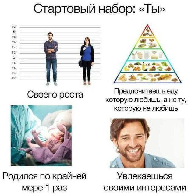 Стартовый набор: «Ты» 5 Своего роста Предпочитаешь еду которую любишь, а нету, А a которую не любишь Родился по крайней Увлекаешься мере 1 раз своими интересами