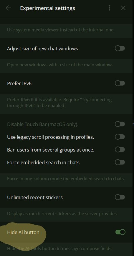 FYI for anyone else who wasn't a fan of telegram's recent AI features

Credit where it's due, the devs did at least listen to the feedback.